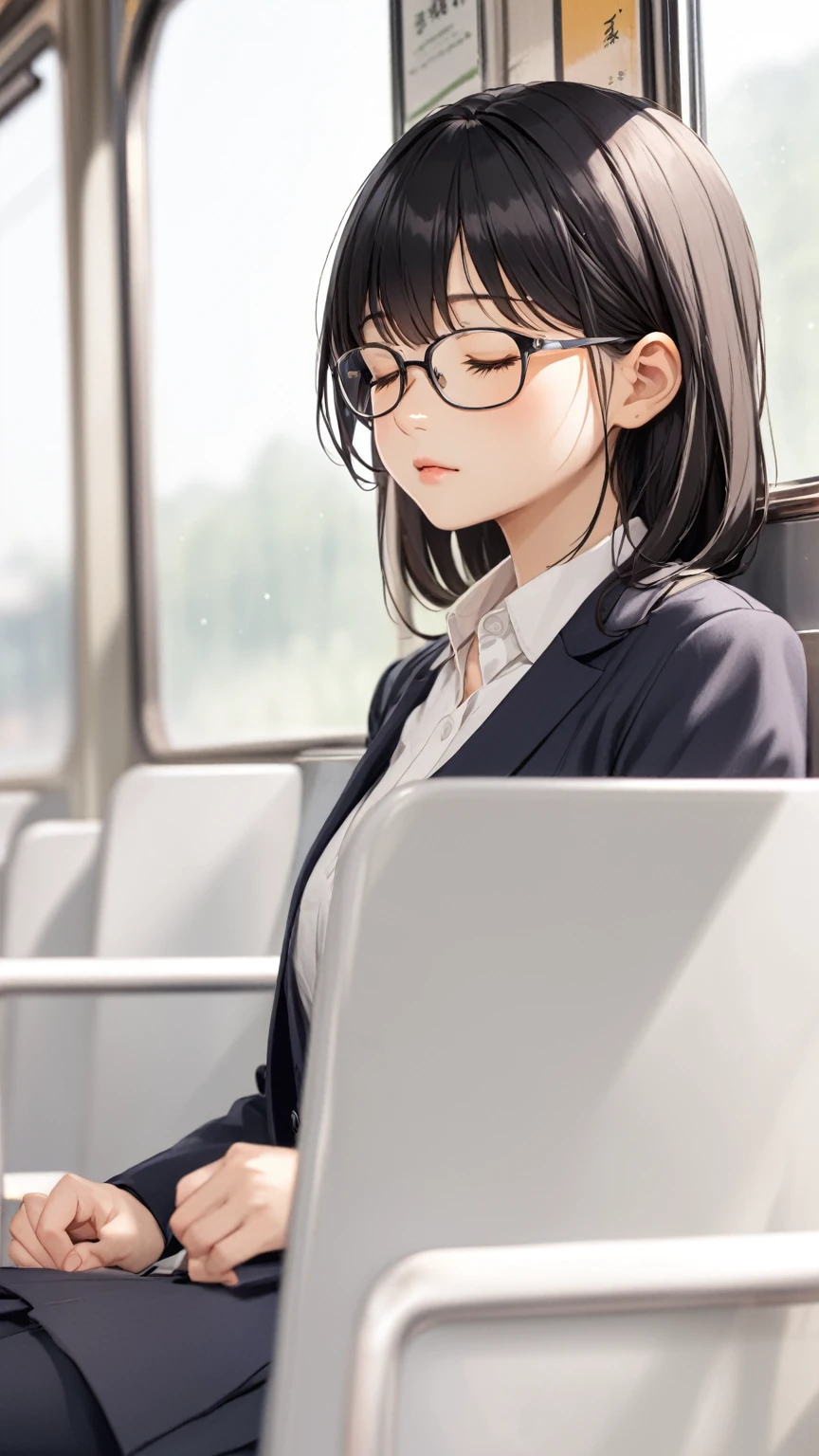 Black hair, glasses, Japanese blazer, high school girl, on train, girl sleeping on train chair