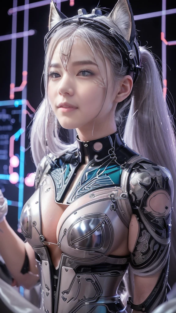 Top Quality, Masterpiece, Ultra High Resolution, (Photorealistic: 1.4), Raw Photo, 1 Girl, White Hair, Glossy Skin, 1 Mechanical Girl, (Ultra Realistic Details)), Portrait, Global Illumination, Shadows, Octane Rendering, 8K, Ultra Sharp, Big, Cleavage Exposed Raw Skin, Metal, Intricate Ornament Details, Cold Color, Egyptian details, very intricate details, realistic light, CGSoation trend, purple eyes, glowing eyes, facing the camera, neon details, mechanical limbs, blood vessels connected to tubes, mechanical vertebrae attached to the back, mechanical cervical attachment to the neck, sitting, wires and cables connecting to the head, evangelion, small LED lamp,