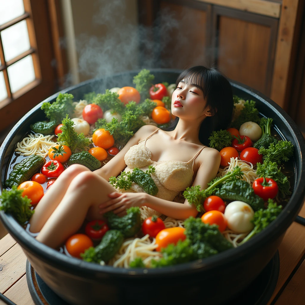 full body,A woman，Wearing vegetable leaf clothes，Lying in a round bowl of steaming noodles，The body is inside the face，Covered with vegetable leaves and tomato slices，Only the head and legs stick out