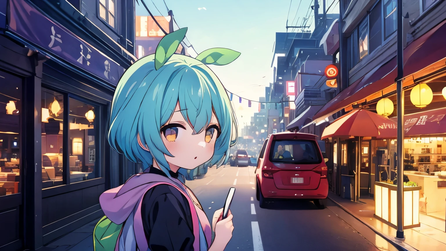 The story takes place in the future of Shinjuku.、The girl with green gradient hair is carrying a backpack、The backpack is running on a PC and the light is on.、The girl&#39;s eyes are electronic and wires are connected from her temples to the PC.、She&#39;s running through the city,