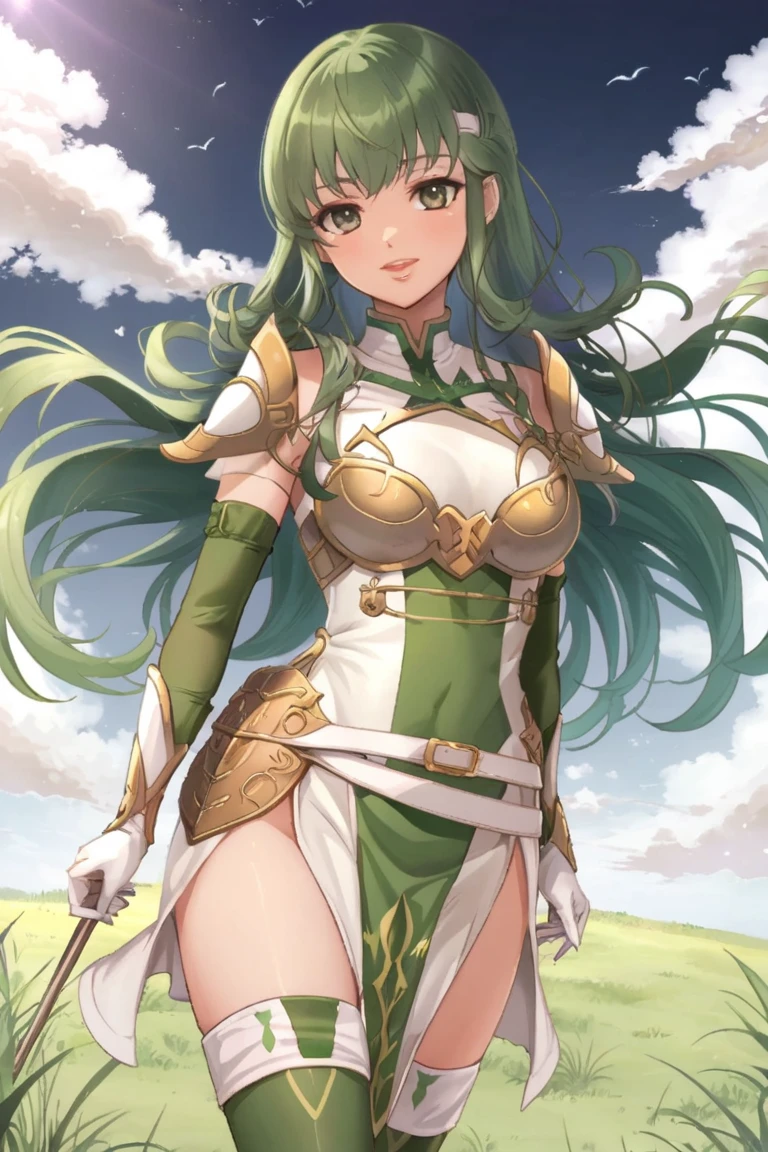 palla_valentian, 1girl, solo, long hair, looking at viewer, smile, open mouth, thighhighs, gloves, dress, :d, thighs, ((Tight leotard)), ((sexy pose)), ((Wrestling ring)), elbow gloves, belt, cloud, white gloves, white dress, armor, blue sky, grass, shoulder armor, pelvic curtain, breastplate