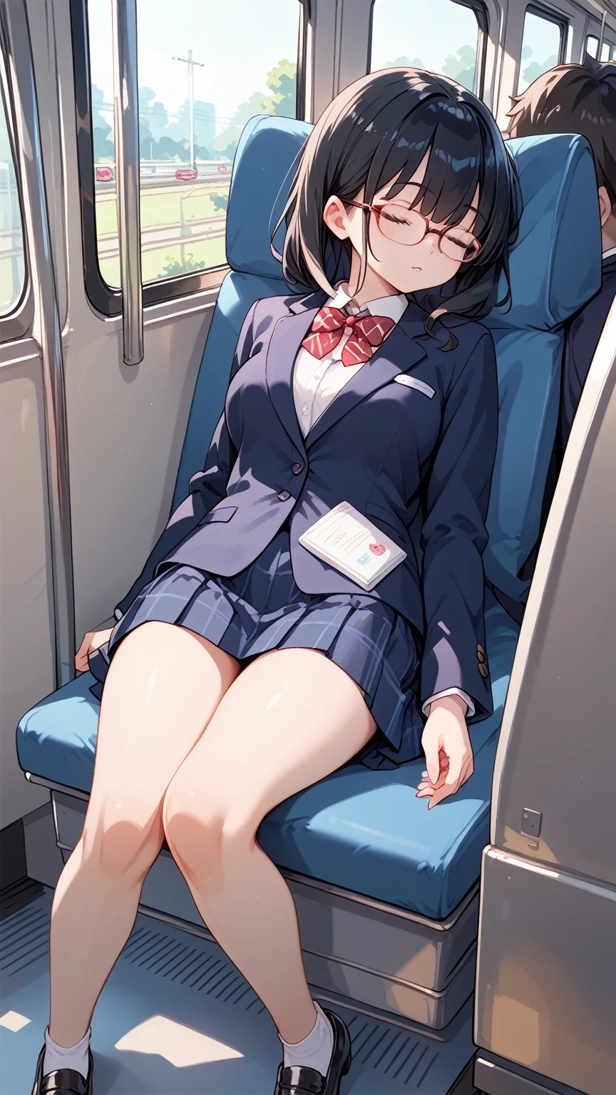 Black hair, glasses, Japanese blazer, high school girl, on train, girl sleeping on train chair