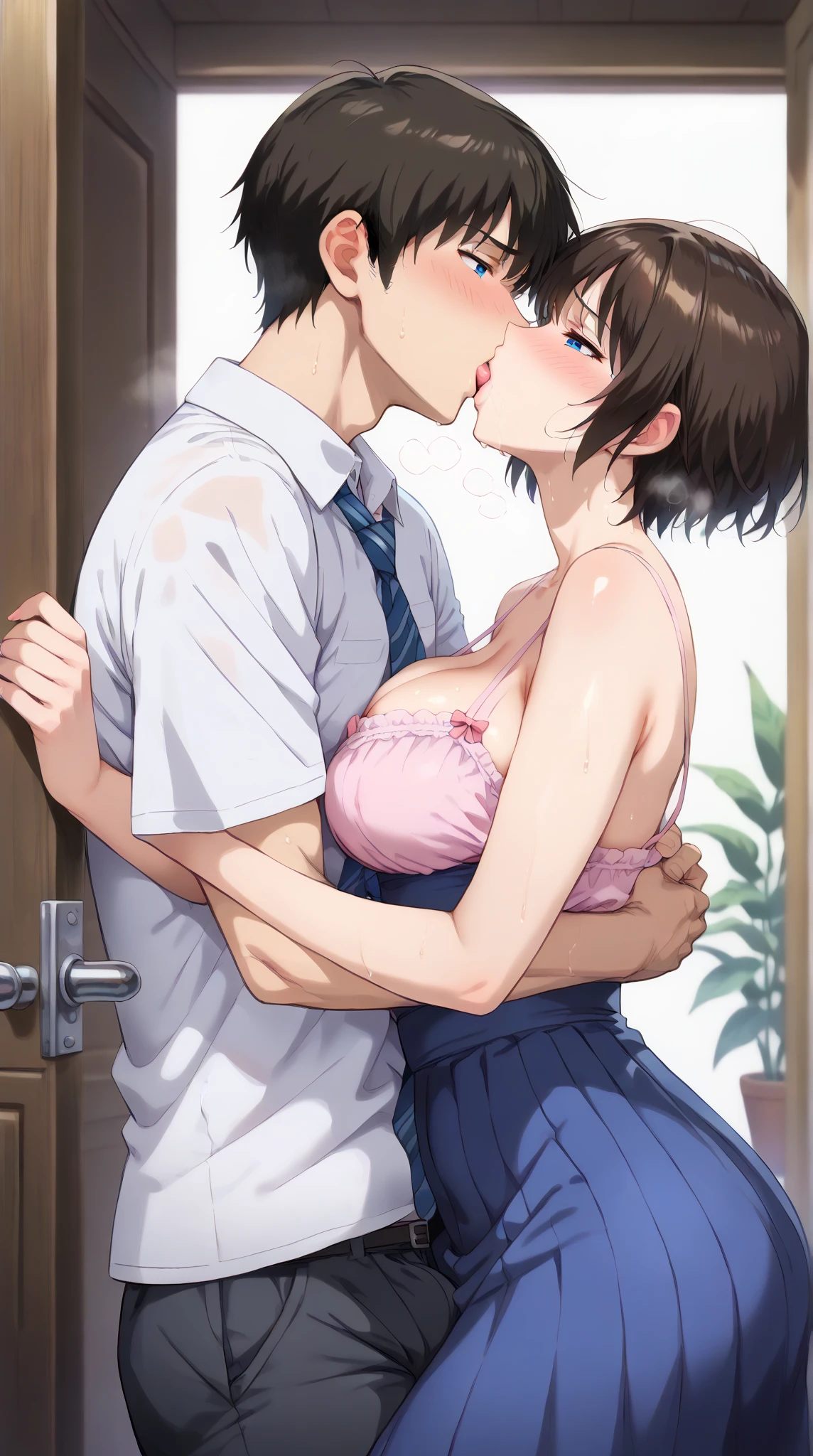 shimizu_kaoru,short hair,brown hair,blue eyes. score_9,score_8_up,score_7_up,score_6,source_anime,masterpiece, Best_quality, ultra_detailed, 16K, realistic.(1boy:1.1), (Mature hetero sexual couple:1.2). home entrance. closed doors. (the man is hugging her from behind:1.1). ((the boy is grabbing her breast over blouse and from behind)). Adult mature MILF. medium breasts. perfect feminine body. looking back towards the mantroubled face, uneasy, nervous. in orgasm, in ecstasy, in sexual pleasure. erotic, sexy. (Deep Kiss: 1.4)), (((Forced kiss:1.2))),((sexual harassment)). netorare falling. blushing, sweating. deep breath. blouse, skirt. High resolution, Anatomically correct, High detail, Very detailed, Ultra high definition.