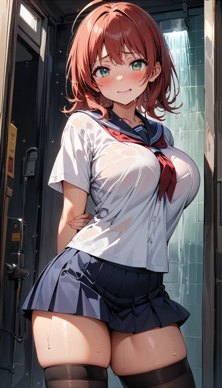 (masterpiece:1.2, highest quality, ultra high resolution, super detailed), (realistic, photorealistic:1.4), beautiful illustrations, (natural side lighting, movie lighting),
looking at the viewer, 1 girl, Japanese, high school girl, perfect face, (perfect anatomy), Cute symmetrical face, shiny skin, thin,
(short hair, side ponytail, purple hair), asymmetrical bangs, dark red eyes, droopy eyes, Big eyes, long eyelash, (medium breasts), 、pink lace bra、big breasts、big areola、inverted nipples、She lifts up her uniform and exposes her chest.、
beautiful hair, beautiful face, detailed and beautiful eyes, beautiful clavicle, beautiful body, beautiful breasts, beautiful thighs, beautiful feet,
((dark pink cardigan, Blue line on white sailor suit, navy pleated skirt, white sailor collar, Red Sailor Scarf, black tights)), pink hair scrunchie, navy school bag,
(beautiful scenery), Depth of the bounds written, morning, (riverside, distant cityscape), walk, (cute smile, upper eye, open your mouth),