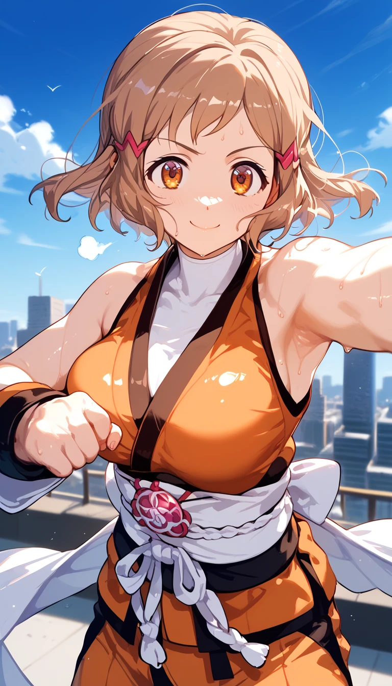  best quality,  soft light you're handling,  ultra high resolution, cute, beautiful face down to the smallest detail , high resolution details of human skin texture, shiny skin,sweat,Heat, white breath ,Hibiki Tachibana ,Brown Hair,Short Hair,City, Battle Costume ,Martial arts attitude,whole body,smile, closed mouth 