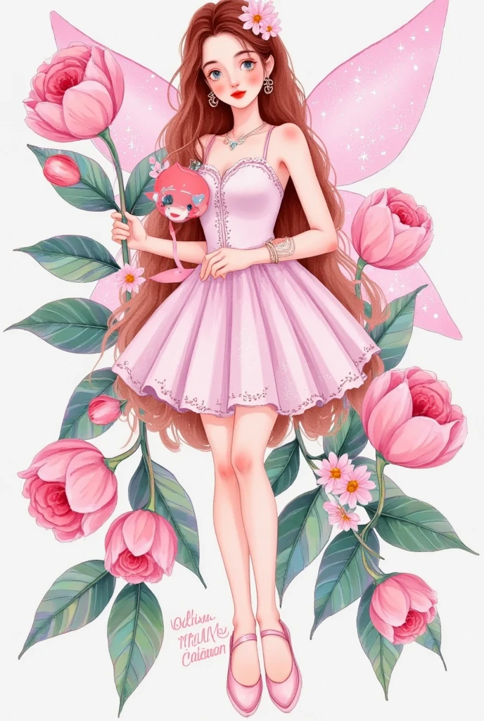 A pink fairy with floral details on her dress and ballerina shoes, depicted in an anime-style illustration. The character is wearing a short ballet skirt that reflects the theme of springtime beauty. Her hair should be styled as soft curls or buns, adding to her adorable appearance. She has large wings spread out behind her back, which add to her magical charm. This design captures both elegance and whimsy, making it suitable for various applications such as tattoos, stickers, prints, or digital art pieces