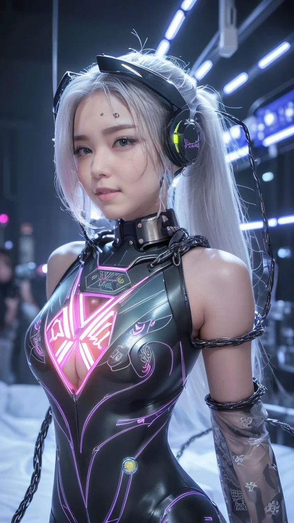 Futuristic space、Hair flow、 ((Highest quality、masterpiece、8K、Best image quality、Ultra-high resolution、Award-winning works)、(Accurate anatomy:1.1)、(Look at me and smile:1.1)、Shining fair skin with Ultra-high resolution、The most detailed face、Ultra-high resolution detailed face、Ultra-high resolutionの髪の毛、(Ultra-high resolutionの煌めく瞳:1.1)、Beautiful face drawn in every detail、(Blurred Background:1.1)、Cyberpunk Costume :1.3, Chest to chest, Diva singing microphone、