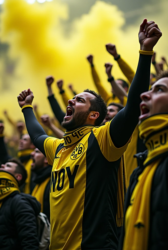 Image illustrations « non-réaliste » de supporters homme de style Ultras hooligans habiller avec une veste noir et jaune. The fans are in a bar with yellow and black smoke bombs in their hands and yellow and black checkered flags in their hands..the name of the bar is "TRIBUNE G ROUEN".