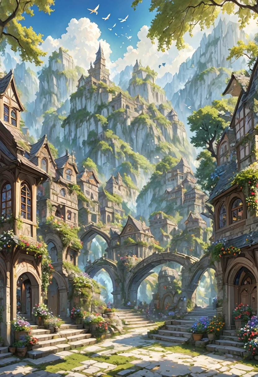 middle ages　 fantasy rpg landscape stone cityscape　 Many people々　Bird　bar