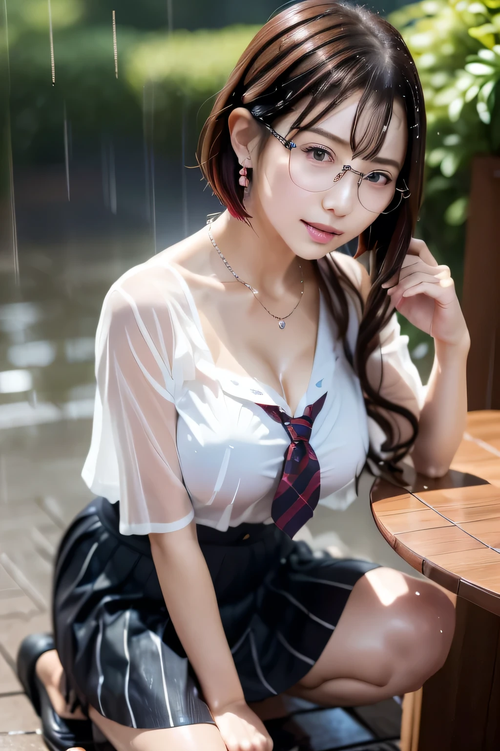 detailed_background, realistic, 1girl, looking at the viewer, cowgirl sitting on bench, abandoned house, nighttime, back against the wall, eyeglasses, blushes, cap, bangs, white short sleeve blouse, cleavage, big_boobs, small waist, pleated skirt, bare legs, thighs, thicc_thighs, knees, side view, view from below,