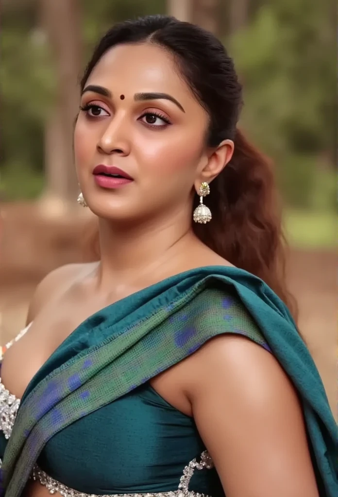 from bottom view, long shot photo of sexy indian, look at viewer and subtle smile, curvy athletic figure, open arms, sexy armpits, sweating, doing push ups in fog, ponytail, necklace, white see through lace bra, blue and green  saree with low necked blouse, glossy lips, (cinematic:1.3), intricate details, (ArtStation:1.2)