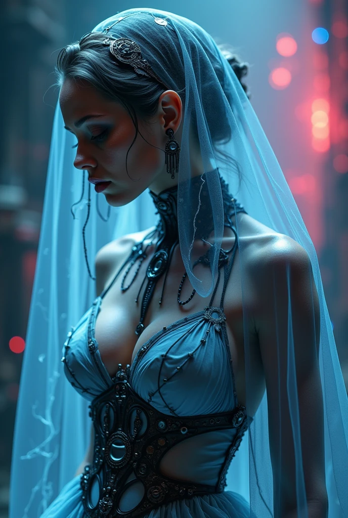 photorealistic of holographic image in shape of girl, dark bride wearing tulle veil in steampunk style, hi-res highly detailed, intricate, psychedelic gradient multi-color