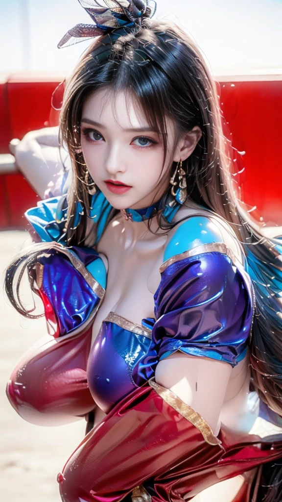 1，((((SFW:1.5)，1 girl, bishoujo，beautiful girl, ((Squeeze chest，Cleavage)，(Fine头发:1.2)), (( strapless，(Strapless:1.2)))，(sweating:1.2), Dark Makeup、Oily skin,skin with a light sheen、Realistic skin texture、Delicate and beautiful skin、Radiant glowing skin，Vibrant colors，Neon style，Strapless，( tight clothes :1.0)，( Clear Clothes:1.0))))， Very detailed , Fine，masterpiece, best quality, high resolution, 8k, HDR, raytracing, detailed shadows, (hyperdetailed:1.0)，((8k超高清:1.2))，Bright colors， blur background，1