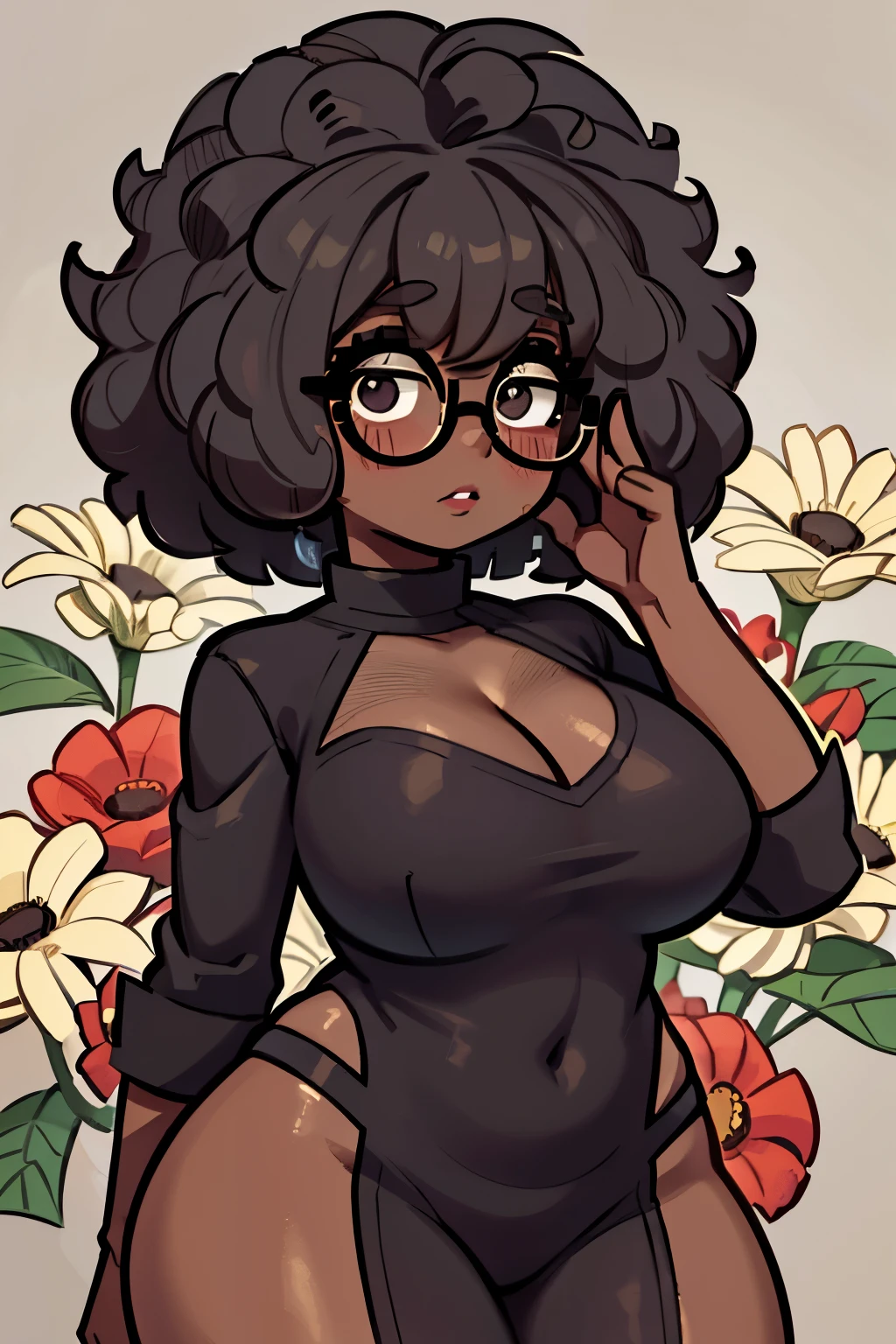 Solo, female, dark skin, curly hair, (((short hair))), Black afro, curly afro,  lipstick, eyeliner, eyelashes, thick eyelashes, dark skin glasses, mature female, chubby face, flowers in hair