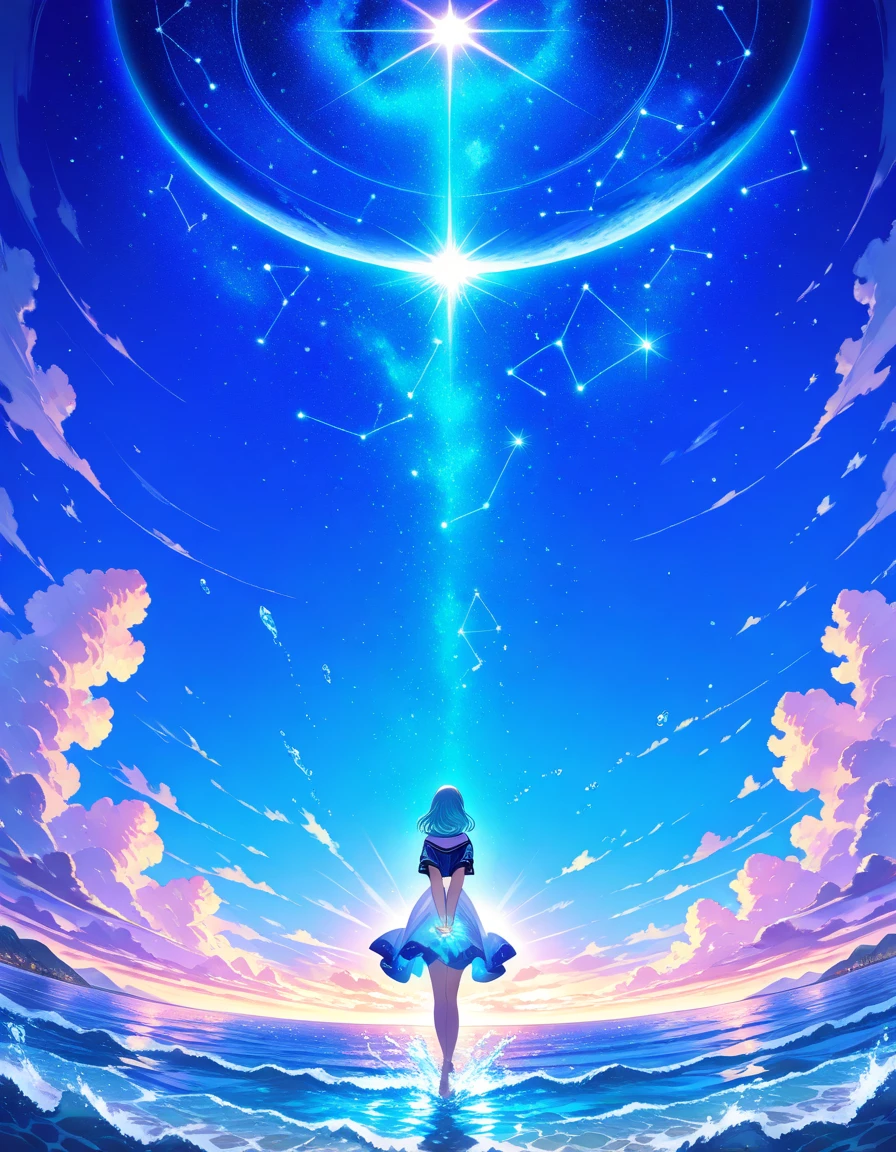 1girl,(arlbireo:1.0),(shintaro:0.553), paintery skies, glowing blue hue lunar eclipse, from behind, looking at sky,2star,Pisces_(constellation), divine gate, hand arms behind back, Seattle and soft, calm,water splash,ebb and flow waves ,masterpiece, best quality, very aesthetic, absurdres