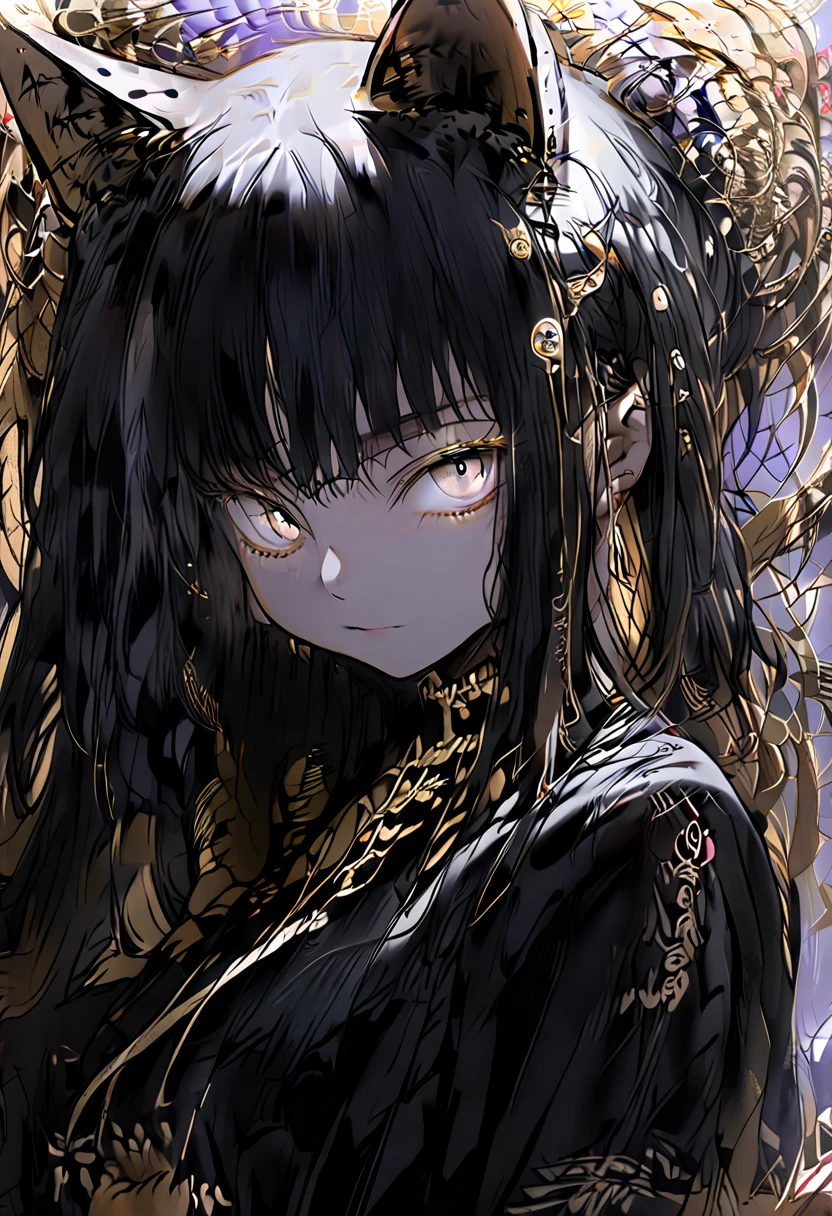 (masterpiece),(8k), Best picture quality,( Fine Details),( Brilliant Color ), Black hair, Long hair, Golden eye,((vertical pupil)),(( black cat ears on hair)),(No human ears ), tight design clothes , black cat tail 