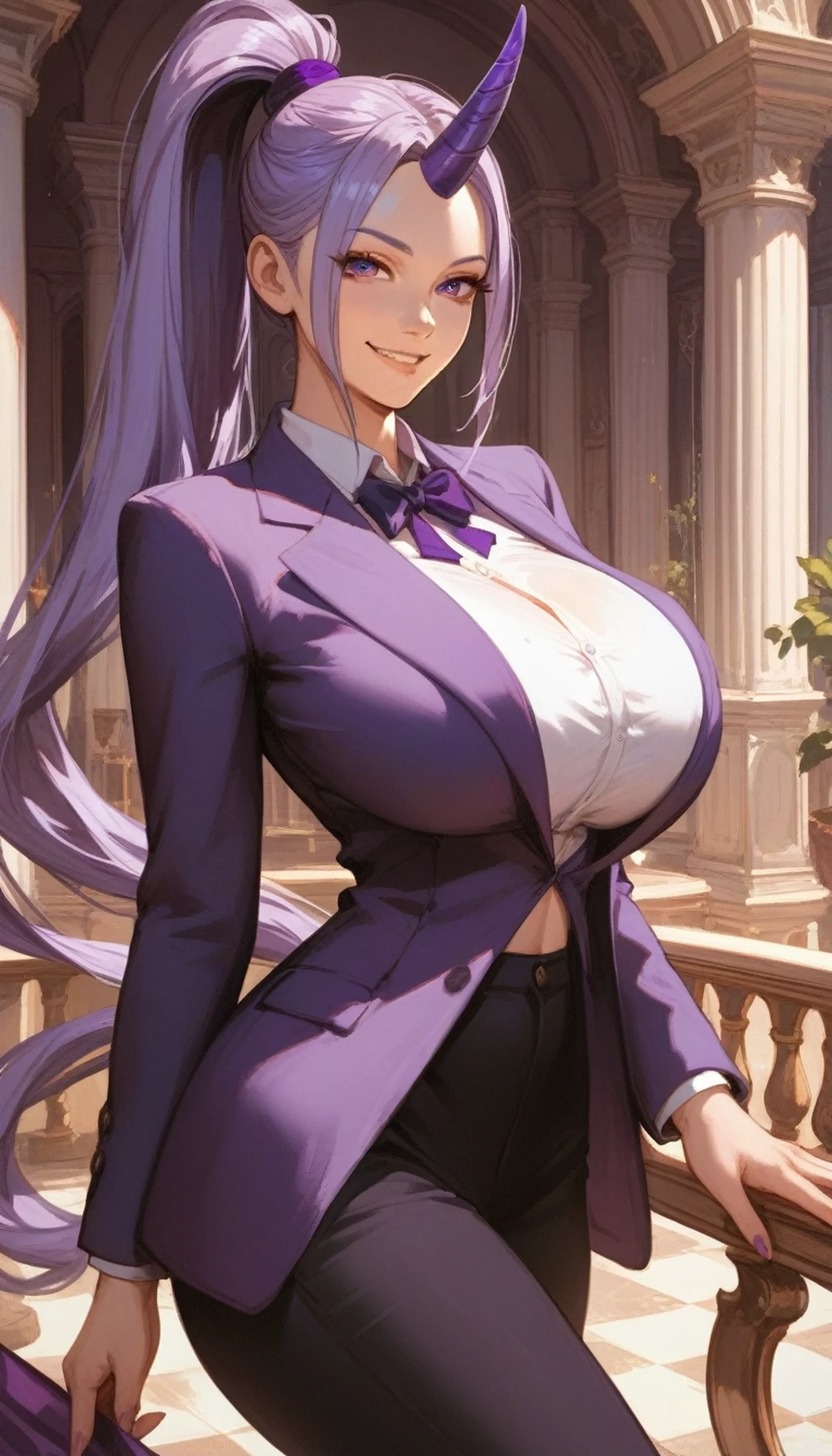 Shion from animee, long lavender ponytail with long parted bangs, purple eyes, tall, adult sexy curvy body, slim waist, beautiful woman, ((single dark purple horn on forehead)), gigantic breasts, wearing purple blazer and pants, smirking, looking at viewer