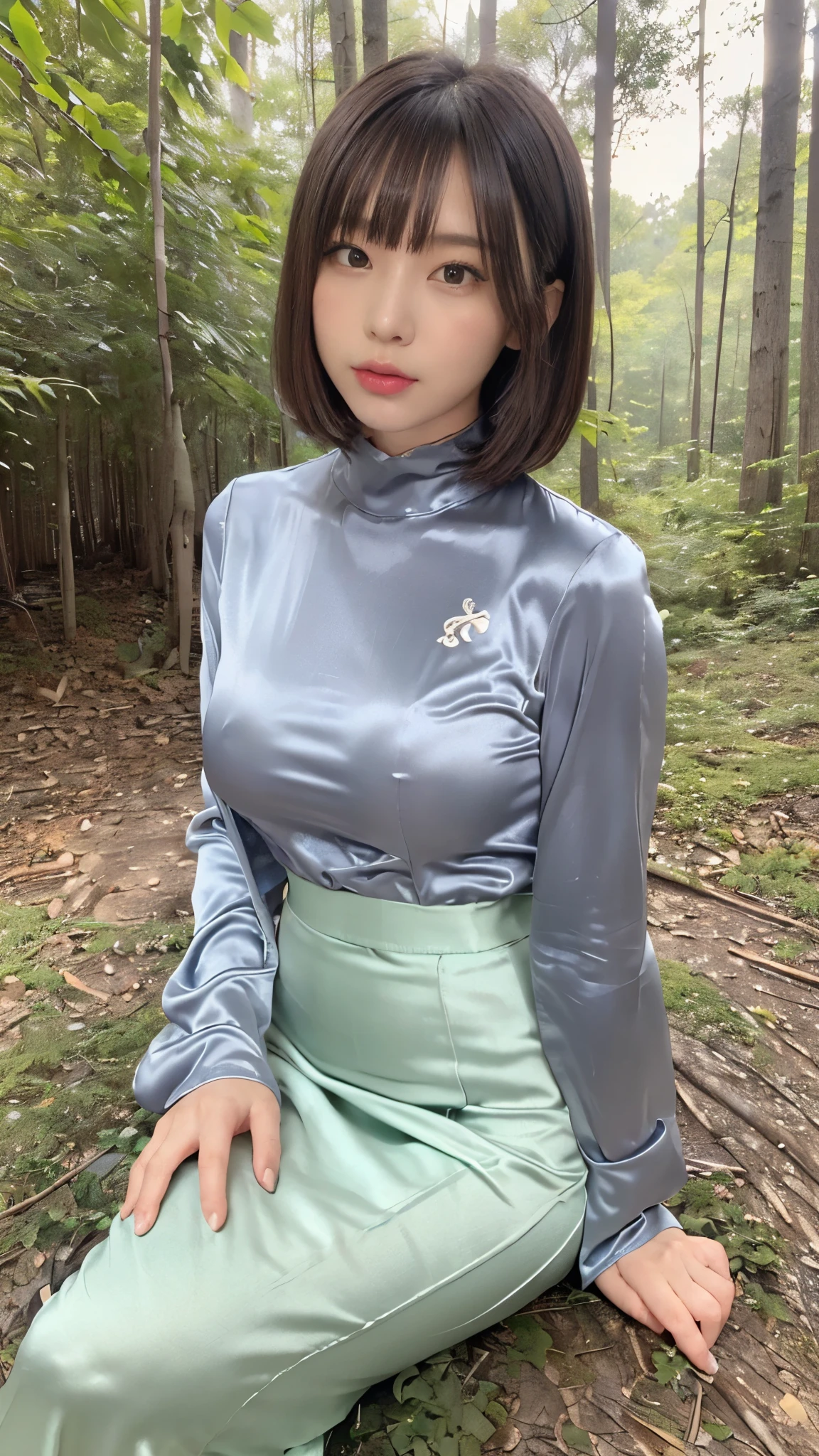 (masterpiece,  best quality,    ultra high resolution ),  extremely detailed CG  ,  short bob hair with bangs 、  beautiful face、((( very pretty Japanese woman hiding her chest with her hands ))),((Shiny light green satin high waisted mermaid pencil skirt)),The shirt is tucked into the skirt、(((  long skirt)))、((( Long-sleeved high-neck t-shirt that fits the body perfectly, made of silver satin fabric with a strong luster)))、((((Sitting in the forest on a dark night))))