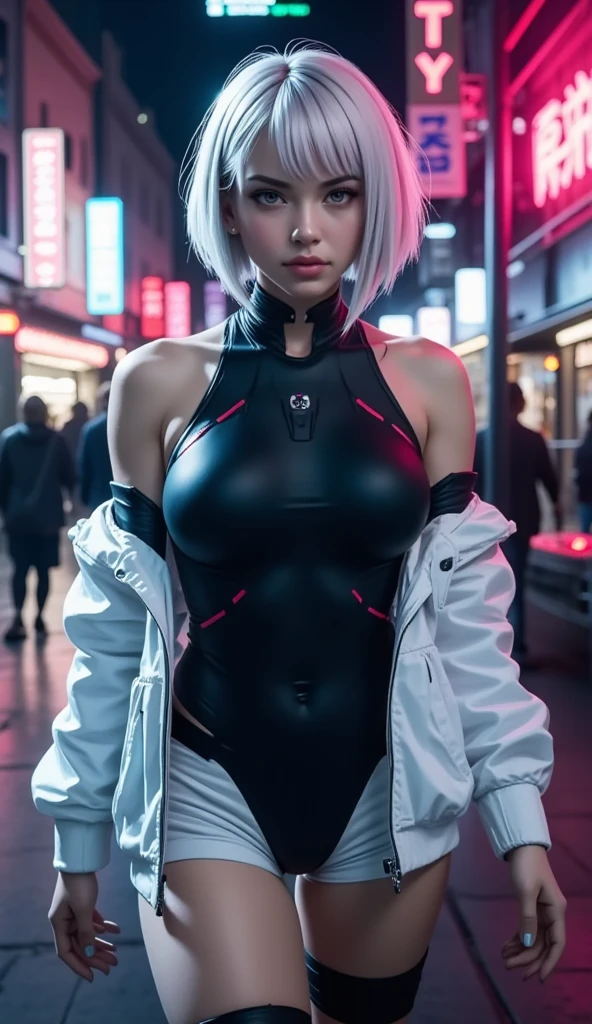 "Ultra high resolution, UHD, Ultra-detailed, hyper-realistic skin texture, high-quality rendering, Photorealistic portrait ,1Lucy " walking on the streets of night city , (Masterpiece, high resolution:1.4), lucy_cyberpunk, (futuristic city at night, neon lights:1), (close up:1.2), (1girl), white short hair, bangs, ((red eyeliner)), ((makeup)), red lips, white off-shouler jacket, black bodysuit, bare shoulders, white shorts, hip vent, black thigh highs, highly detailed skin, skin pores, (highly detailed face:1.5), (highly detailed eyes:1.5), realistic pupils:1.5, full face blush, full lips, (perfect anatomy:1.1), (perfect proportions:1.1), (photography:1.1), (photorealistic:1.1), volumetric lighting, dynamic lighting, real shadows, (highres:1.1), sharp focus, (realistic, hyperrealistic:1.4), intricate, high detail, dramatic, subsurface scattering, big depth of field, vivid, polished, sharpened, ((full Sharp)), (extremely absurdres),16k hdr,