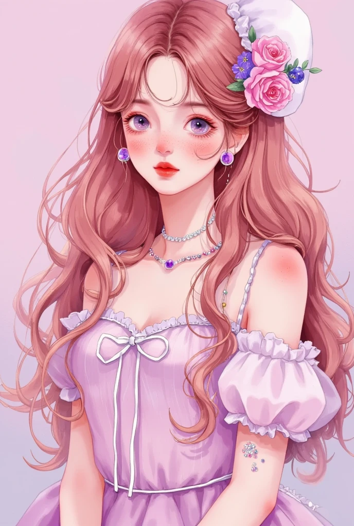 A cute girl with light pink hair, wearing an elegant dress made of transparent gauze and crystal beads, against a pink background, in the digital art style, charming anime-inspired character, with a shiny, glossy appearance, resembling a 3D game character design, a concept art illustration, with a semi-realistic style, detailed facial features, high resolution, portrait photography-like quality, soft lighting, and purple tones, in a fantasy setting