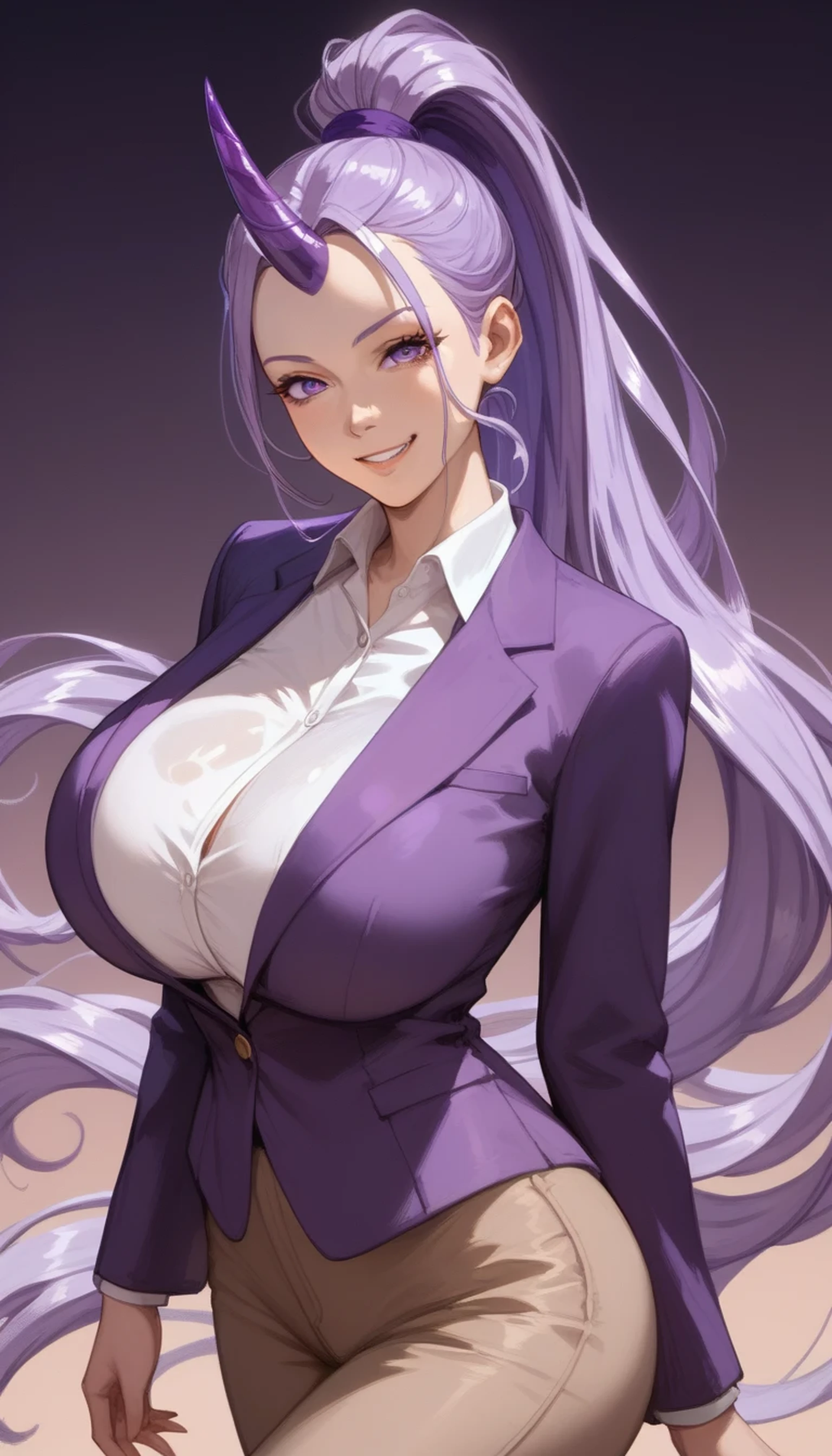 Shion from Slime anime, long lavender ponytail with long parted bangs, purple eyes, tall, adult sexy curvy body, slim waist, beautiful woman, ((single dark purple horn on forehead)), gigantic breasts, wearing purple blazer and pants, smirking, looking at viewer