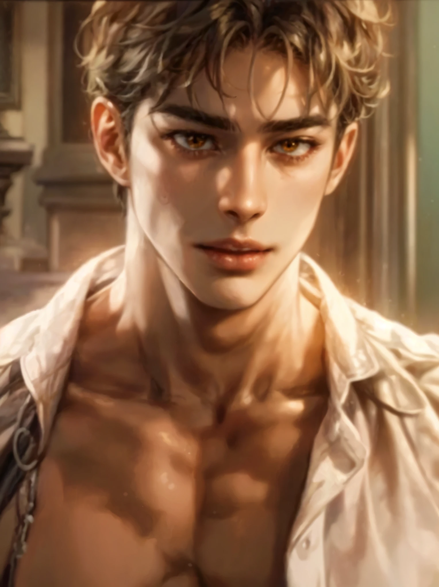 (absurdres, highres, ultra detailed, HDR), masterpiece, perfect faces, detailed faces, intricate details, extremely detailed background scenery, best quality close-up picture, orange eyes, korean boy, smile, boy guy male man , art by kenouji