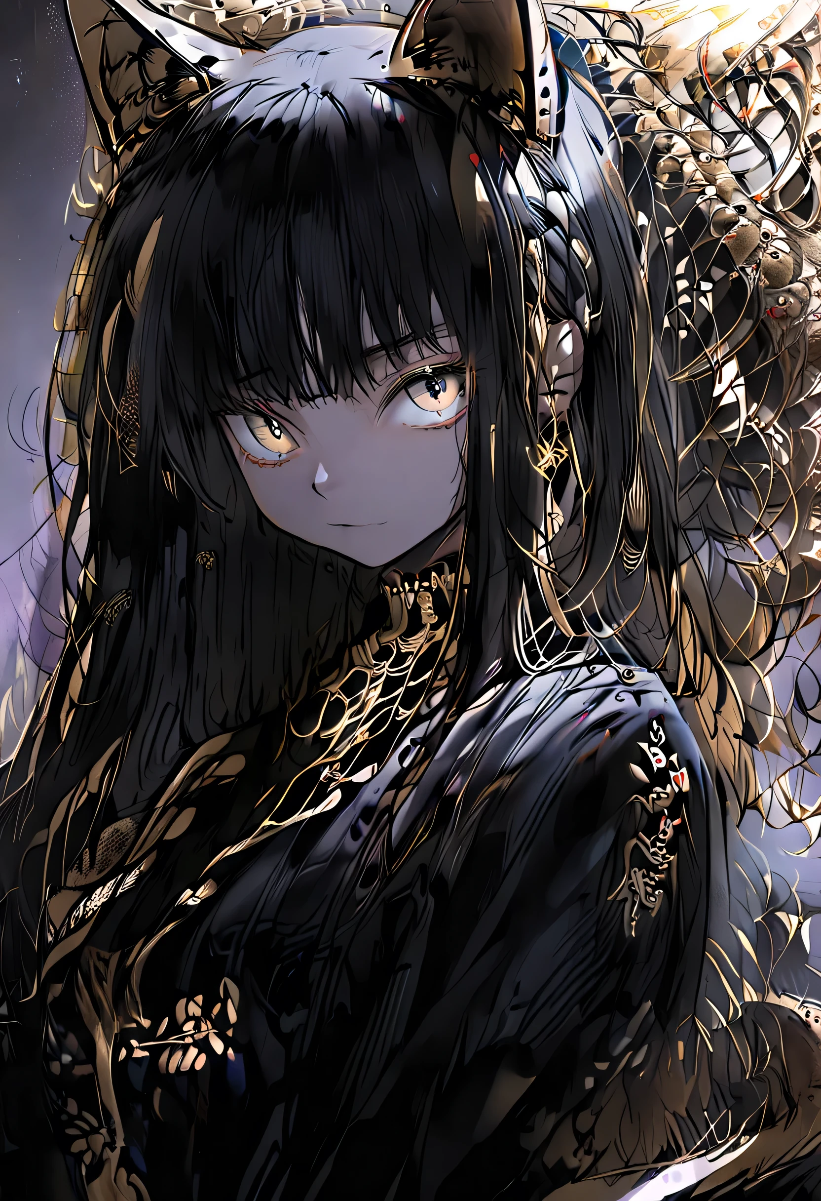 (masterpiece),(8k), Best picture quality,( Fine Details),( Brilliant Color ), Black hair, Long hair, Golden eye,((vertical pupil)),(( black cat ears on hair)),(No human ears ), tight design clothes , black cat tail 