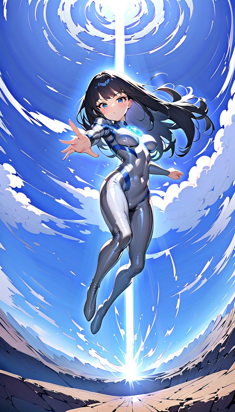 girl masterpiece, best quality, high resolution, best detailed, ultra girl, giantess, black hair, straight hair, shiny hair, bodysuit, blue and silver bodysuit, blue gem on chest, full body, fighting stance, shooting beam effect,