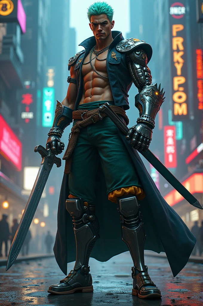 Strongman, green hair, cyber, young ,demon king