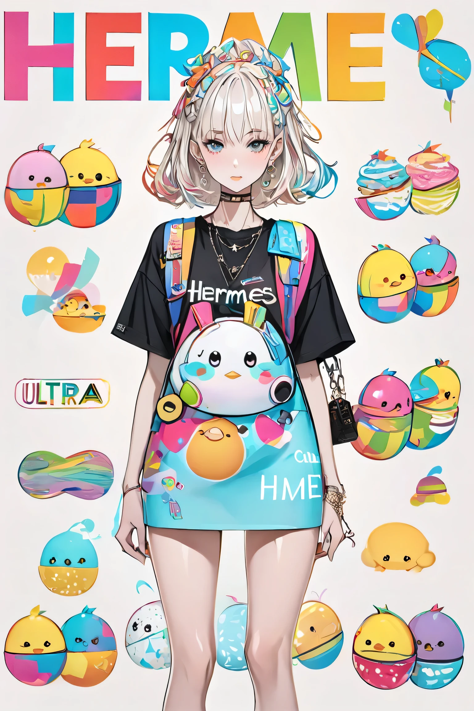 Ultra-realistic Hermes style, Simple line acronym abstract art, kawaii design, stylish fashion, Cute chick
