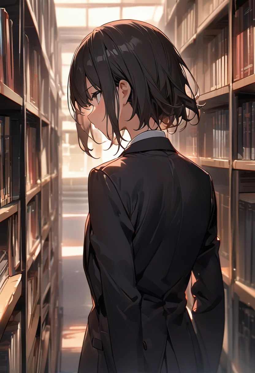 （masterpiece,  best quality:1.2)、male、student、 shorthair 、Calm Eyes、Black school uniform, black blazer、 red tie、School、corridor、walk、From the back、evening、Library、 side view