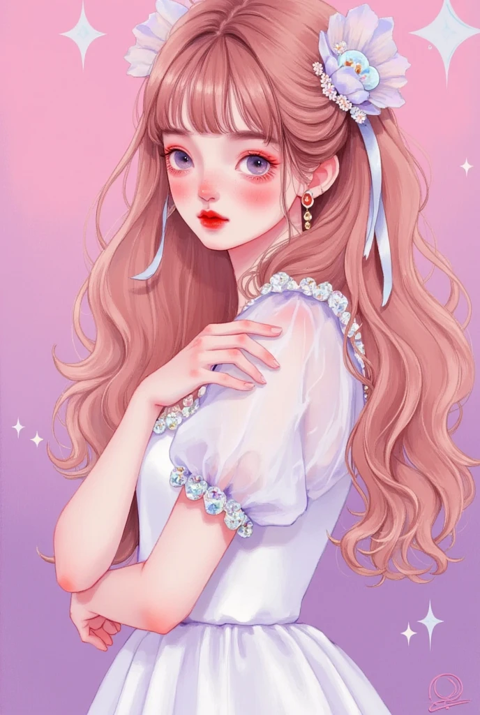 A cute girl with light pink hair, wearing an elegant dress made of transparent gauze and crystal beads, against a pink background, in the digital art style, charming anime-inspired character, with a shiny, glossy appearance, resembling a 3D game character design, a concept art illustration, with a semi-realistic style, detailed facial features, high resolution, portrait photography-like quality, soft lighting, and purple tones, in a fantasy setting