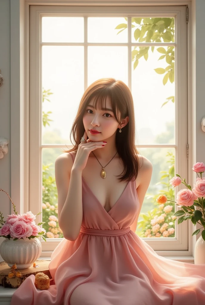 In a softly lit room, a young Asian woman sits gracefully on a wide window frame, where sunlight pours in. Her silhouette is framed by a large, bright window that invites the golden light of the evening sun. She wears a delicate, flowing pink dress made of whisper-soft chiffon that sways gently with her movements. The thin straps and deep V-neckline reveal a glimpse of her delicate collarbone. Long, loose waves cascade down her shoulders, catching the light and shimmering with golden highlights. Lost in thought, she rests her chin on elegantly curled fingers, turning her expressive gaze to the outside world, revealing the myriad emotions swirling within her. The softness of her features - her puffy lips lightly parted and her brows gently furrowed - conveys the depth of her thoughts as she is lost in a tender, bittersweet reverie. A plain white wall in the background accentuates the warmth of her outfit and the light streaming in through the window. The view outside the window, reminiscent of a lush garden full of flowers, creates a fascinating contrast. The atmosphere is full of intimate sensuality, and the golden rays of the sun create a halo around her figure and cast soft shadows on the window frame, imbuing the scene with a quiet and gentle charm. A moment caught between reality and daydream, encapsulates her beauty and her solitude.