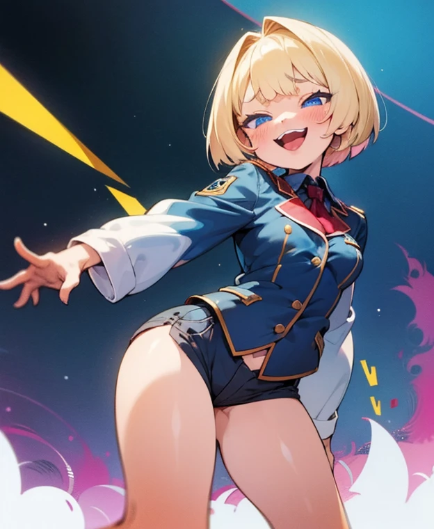 (Perfect body),Best Quality,16 K、masuter piece、(Blue and white dress)、sleeve less、(a miniskirt)、White panty、(((blush)))、:D、I have my mouth wide open、Surprised、Wavy mouth、Tsuriformes、((((asymmetrical bangs))))、Forehead、(short-hair)、(((bob cuts)))、(Pink eyes),((Pink hair)),(Sweat)、((Yellow tie))、(blue hairband)、(Big ass)、huge-breasted、(((thick thighs)))、(spreading legs)、Light blue striped panties、From below、Armpits、(kosmos)、Inside the cockpit