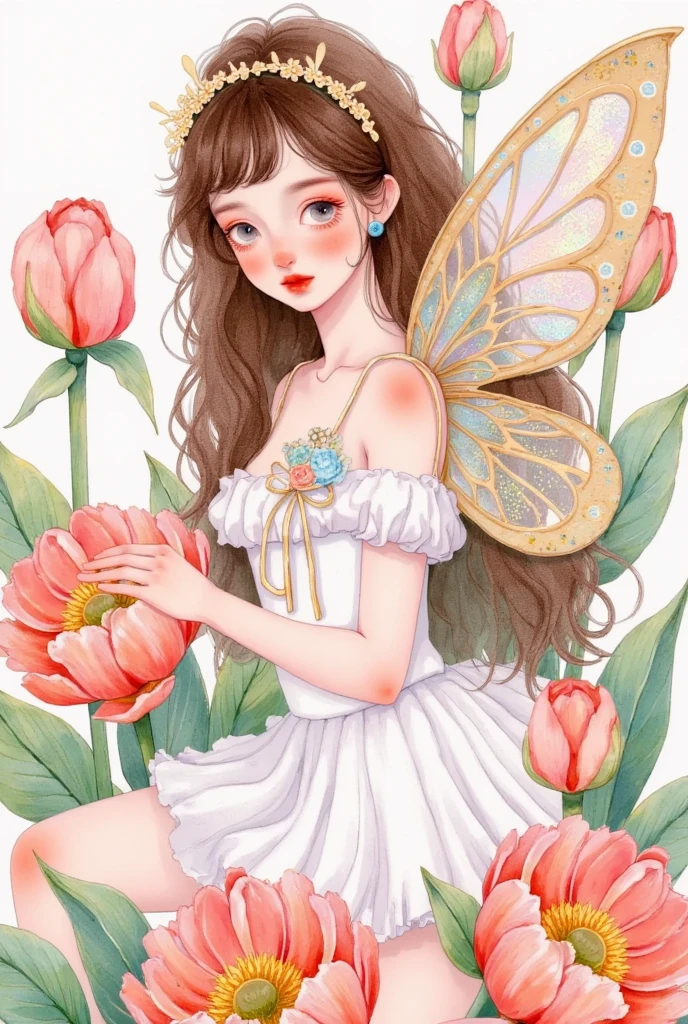 A fairy with delicate wings and an elegant ballerina outfit, surrounded by blooming peonies in soft pastel hues. The illustration is done in the style of Kawaii art with watercolor techniques. It features clean lines, a whimsical touch, and pastels, with subtle details for depth. 