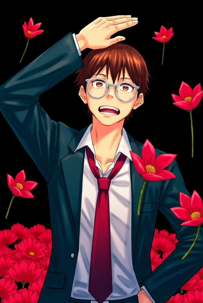 an illustration of a young man with short brown hair and glasses. He is wearing a suit and tie and has a serious expression on his face. His right hand is raised above his head, as if he is deep in thought or contemplating something. The background is dark and there are red flowers scattered around him. The overall style of the illustration is cartoon-like and the colors are bright and vibrant.