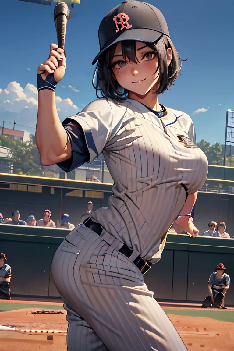 masterpiece,  best quality ,Ultra HD Explained,Full HD,16k,  super resolution , accurate human body,Correct human anatomy,Obscene,  smile inviting a man into sexual activity,((Baseball Stadium,Ground)),((((Play baseball:1.8)))),  One Woman :2.0, watching viewers ,(( black hair, short bob_Cover one eye,Luck Eyes )),( open your eyes,Tall,Sexy and attractive body _ smiles that invite men far beyond their age :1.5, thin:1.6,Long legs,Beautiful ass) ((Abnormally large breasts_K-Cup_ beautifully shaped breasts )),((( baseball uniform,baseball shirt_ivory_Pinstripe_Hinomaru emblem on chest,Baseball pants _ivory_Pinstripe,black leather spike shoes,Chest logo_JAPAN))),, Japanese,Colours of the 90s,Wide Angle Upward Shot , Extreme Angle, focus on the chest :1.4,Obsceneなシーン.