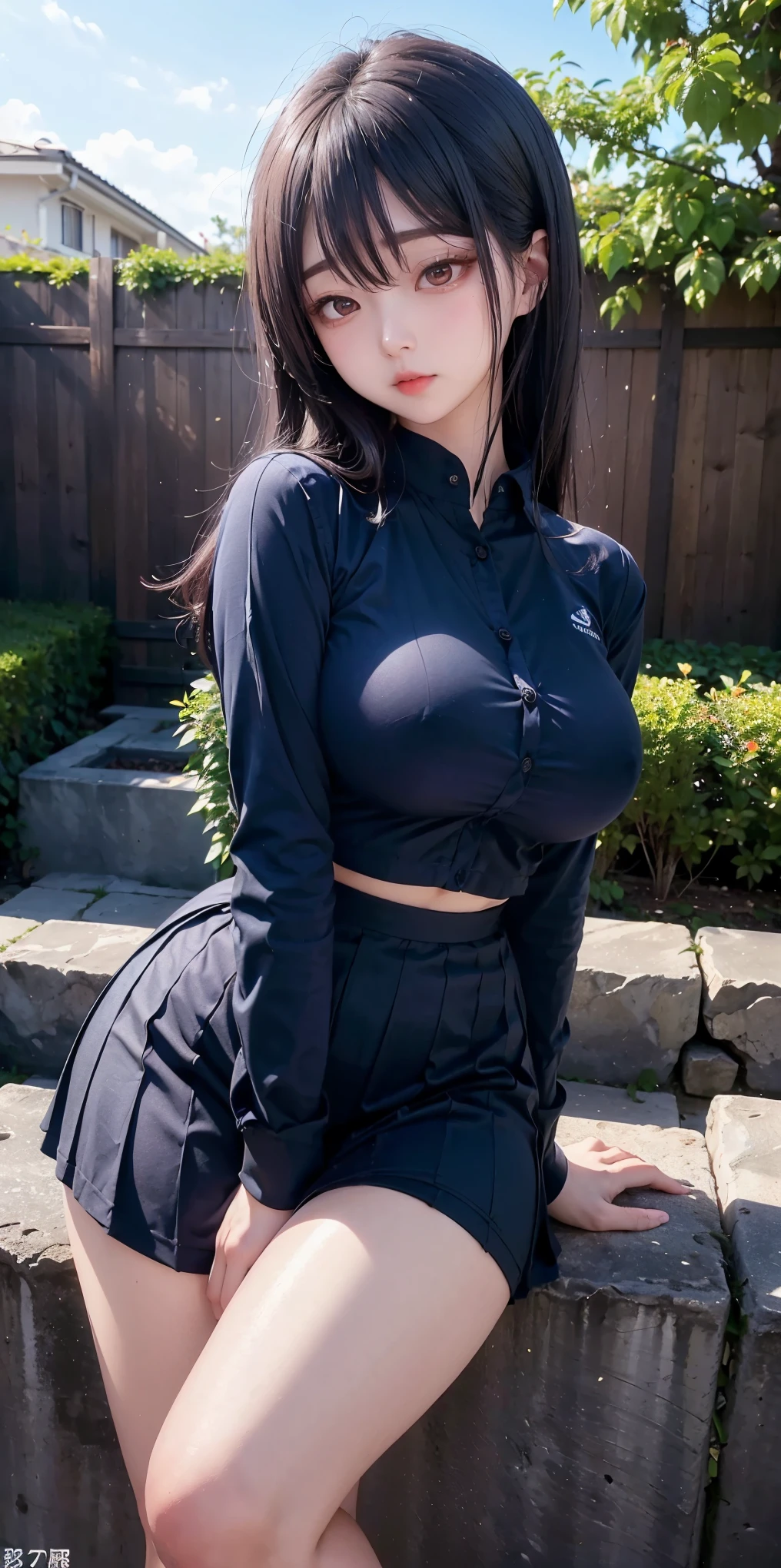 ( best quality、8k、32K、masterpiece、 ultra high resolution:1.2)、

( Japanese idol)、(( cute japanese girl ))、(Big Breasts)、  girl counting money {x} long black hair、bangs、(Dark blue uniform)、 thin waist、(Outdoor、garden、 blue sky)、( High School Girls )、

 Upper Body Closeup、