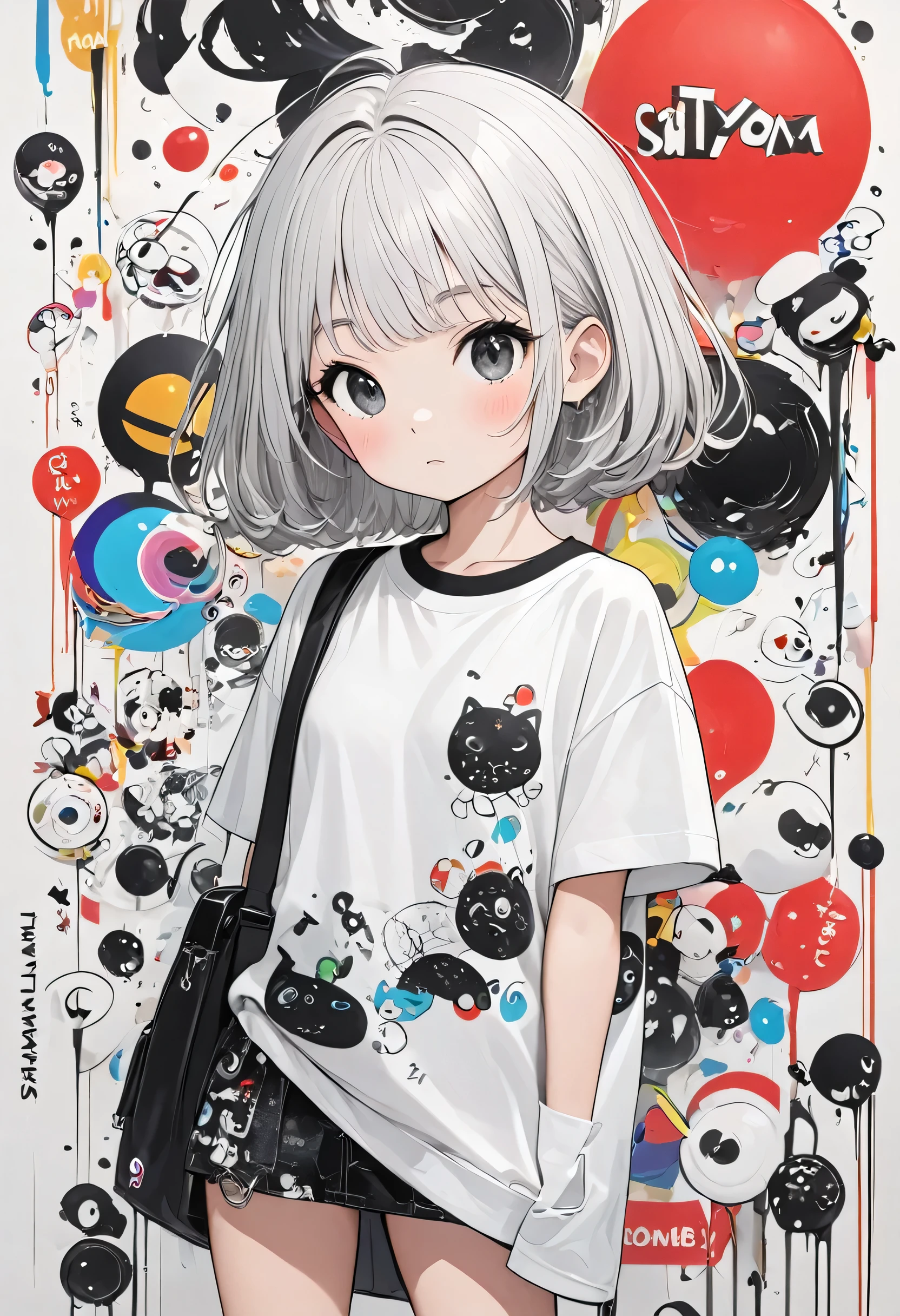 Ultra-realistic Hayao Miyazaki black and white style, Simple line acronym abstract art, Cute design, (((Background is discarded))), Street Style, Cute Amoeba