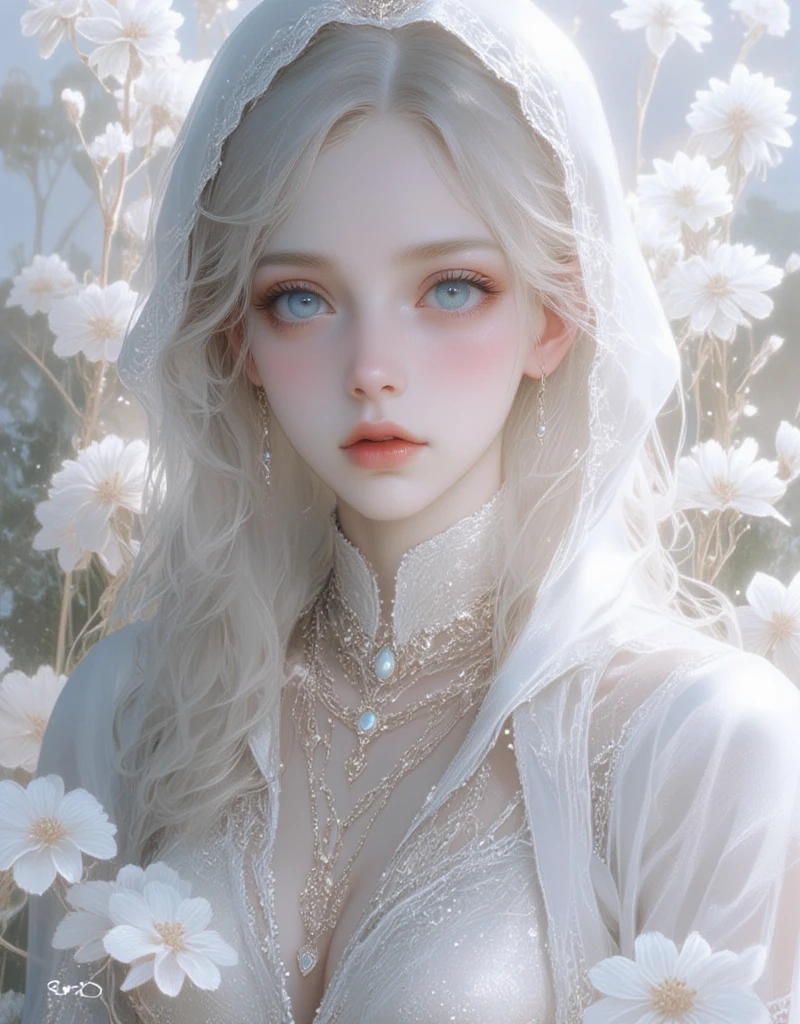 (white style),Hyper-realistic portrait of an ethereal, beautiful woman with striking blue eyes and flowing blonde hair, wearing a semi-transparent white hooded tunic. She stands gracefully among delicate wildflowers, with soft sunlight filtering through, creating a dreamy, mystical atmosphere. Her expression is serene, enhancing her natural beauty. The intricate jewelry—long necklaces adorned with precious stones and delicate pendants—adds elegance and depth to her appearance. The flowers around her, softly illuminated, contribute to the gentle, otherworldly feel. Photorealistic detail, cinematic lighting, 9:16 aspect ratio.