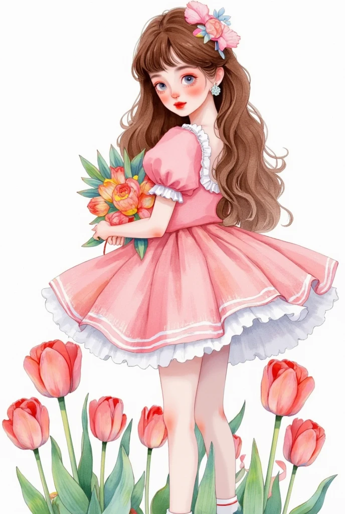 A cute ballerina in the shape of tulips, character design in the style of Ryo Takemasa and Atey Ghailan, full-body, flat color illustration, white background, soft lighting, pastel colors, watercolor. 