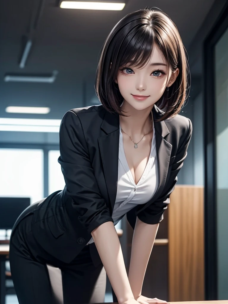 ((ultra detailed)), (best quality, masterpiece:1.2), 8K, 4K, unreal engine, 1 woman, detailed beautiful face and eyes, woman wearing a business suit, sleek and elegant women's collarless blouse designed to be worn as an inner top for a business suit, (black jacket, collarless blouse), kawaii, leaning forward, light smile, straight bob hair, sunlight, medium breasts, office, dynamic lighting