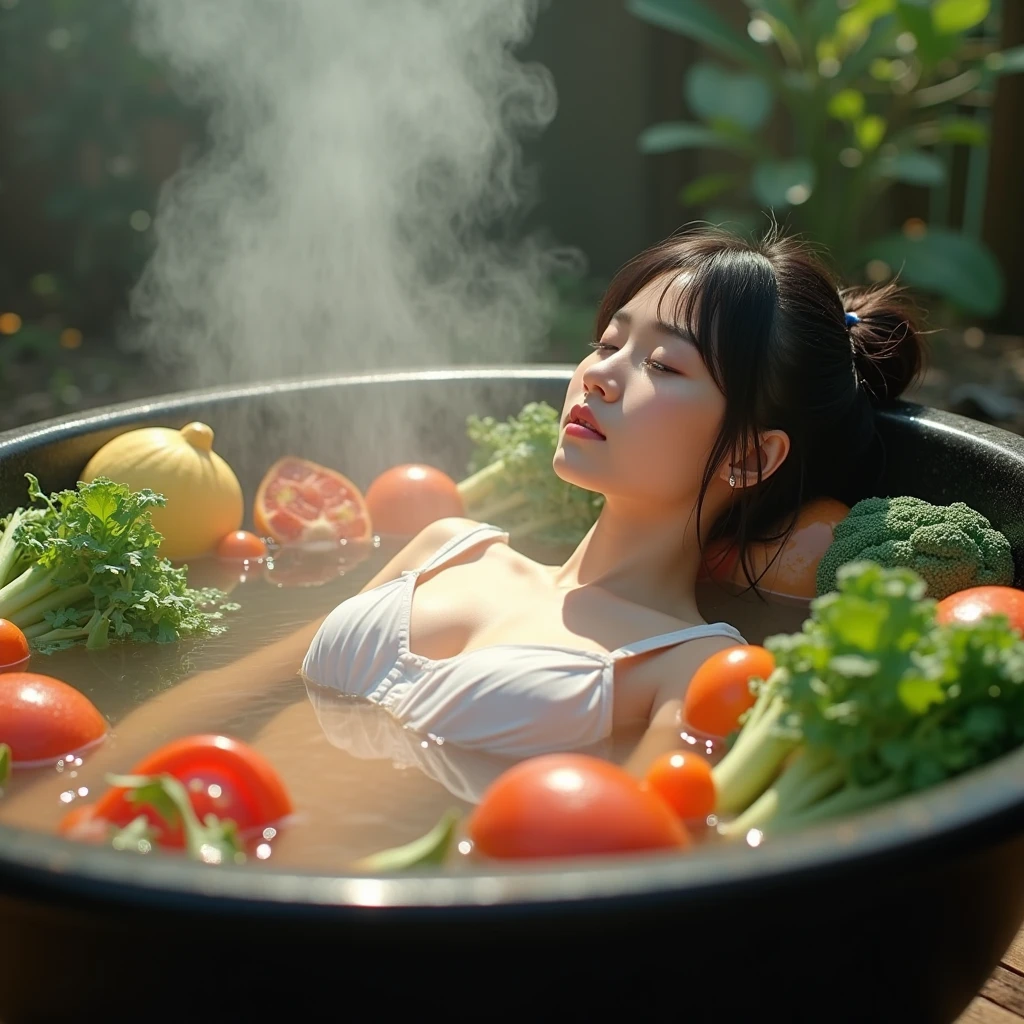 full body,A woman,Wearing vegetable leaf clothes,Lying in a round bowl of steaming noodles,The body is inside the face,Covered with vegetable leaves and tomato slices,Only the head and legs stick out