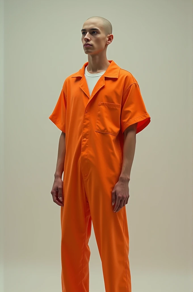 a black boy sitting in a chair in an orange prison uniform