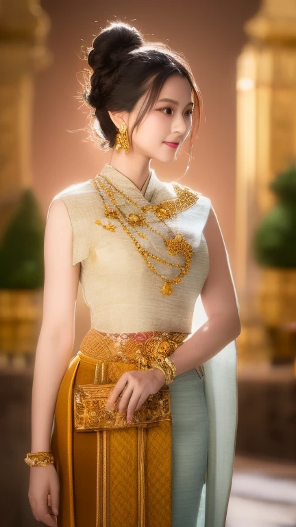 A stunning 3D model of a 28-year-old woman with an elegant high bun hairstyle, wearing a traditional Thai outfit. Her attire includes a bright yellow blouse paired with a handwoven cotton skirt featuring brown and gold striped patterns. She is facing directly towards the viewer, showcasing her full-body figure with grace. The scene is illuminated with cinematic lighting that creates a warm glow, emphasizing her face and the intricate details of her attire. She is adorned with delicate diamond jewelry, adding an element of luxury to her appearance. The composition uses a shallow depth of field to draw focus to her, set against a tranquil and serene background. The overall mood of the image conveys charm, elegance, and beauty, with soft lighting accentuating her perfect silhouette.