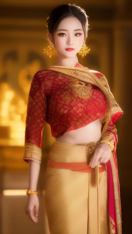 A stunning 3D model of a 28-year-old woman with an elegant high bun hairstyle, wearing a traditional Thai outfit. Her attire includes a bright yellow blouse paired with a handwoven cotton skirt featuring brown and gold striped patterns. She is facing directly towards the viewer, showcasing her full-body figure with grace. The scene is illuminated with cinematic lighting that creates a warm glow, emphasizing her face and the intricate details of her attire. She is adorned with delicate diamond jewelry, adding an element of luxury to her appearance. The composition uses a shallow depth of field to draw focus to her, set against a tranquil and serene background. The overall mood of the image conveys charm, elegance, and beauty, with soft lighting accentuating her perfect silhouette.