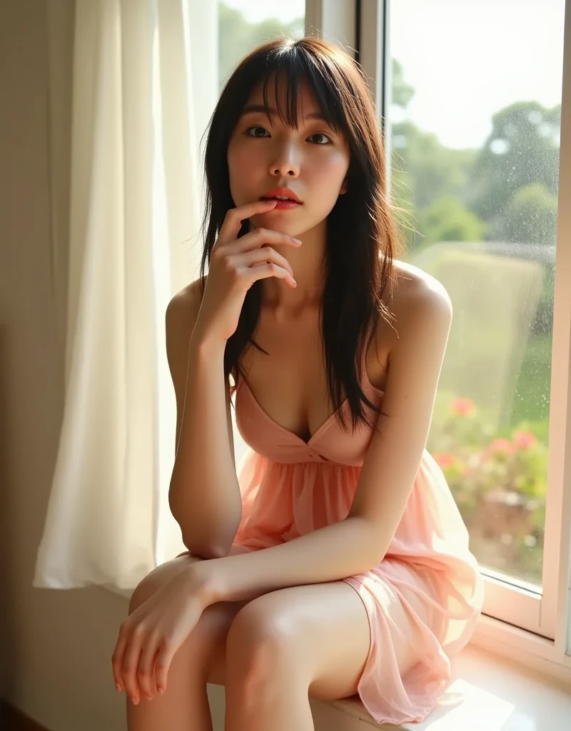 In a softly lit room, a young Asian woman sits gracefully on a wide window frame, where sunlight pours in. Her silhouette is framed by a large, bright window that invites the golden light of the evening sun. She wears a delicate, flowing pink dress made of whisper-soft chiffon that sways gently with her movements. The thin straps and deep V-neckline reveal a glimpse of her delicate collarbone. Long, loose waves cascade down her shoulders, catching the light and shimmering with golden highlights. Lost in thought, she rests her chin on elegantly curled fingers, turning her expressive gaze to the outside world, revealing the myriad emotions swirling within her. The softness of her features - her puffy lips lightly parted and her brows gently furrowed - conveys the depth of her thoughts as she is lost in a tender, bittersweet reverie. A plain white wall in the background accentuates the warmth of her outfit and the light streaming in through the window. The view outside the window, reminiscent of a lush garden full of flowers, creates a fascinating contrast. The atmosphere is full of intimate sensuality, and the golden rays of the sun create a halo around her figure and cast soft shadows on the window frame, imbuing the scene with a quiet and gentle charm. A moment caught between reality and daydream, encapsulates her beauty and her solitude.