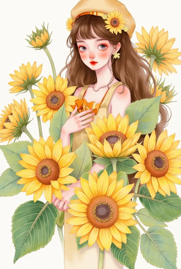 a fairy with sunflowers, in beige dress and ballet shoes, in anime style, white background, detailed illustration by alphonse muchas and Studio Ghibli and kawaii and James Jean and Yoji Shinkawa, detailed background elements, fantasy illustration, clipart, vector art design, detailed background elements, watercolor, soft pastel colors, high resolution, high quality, high detail, high contrast, professional photography, hyperrealistic, hyper realistic, cinematic, sharp focus, no blur, bokeh effect 