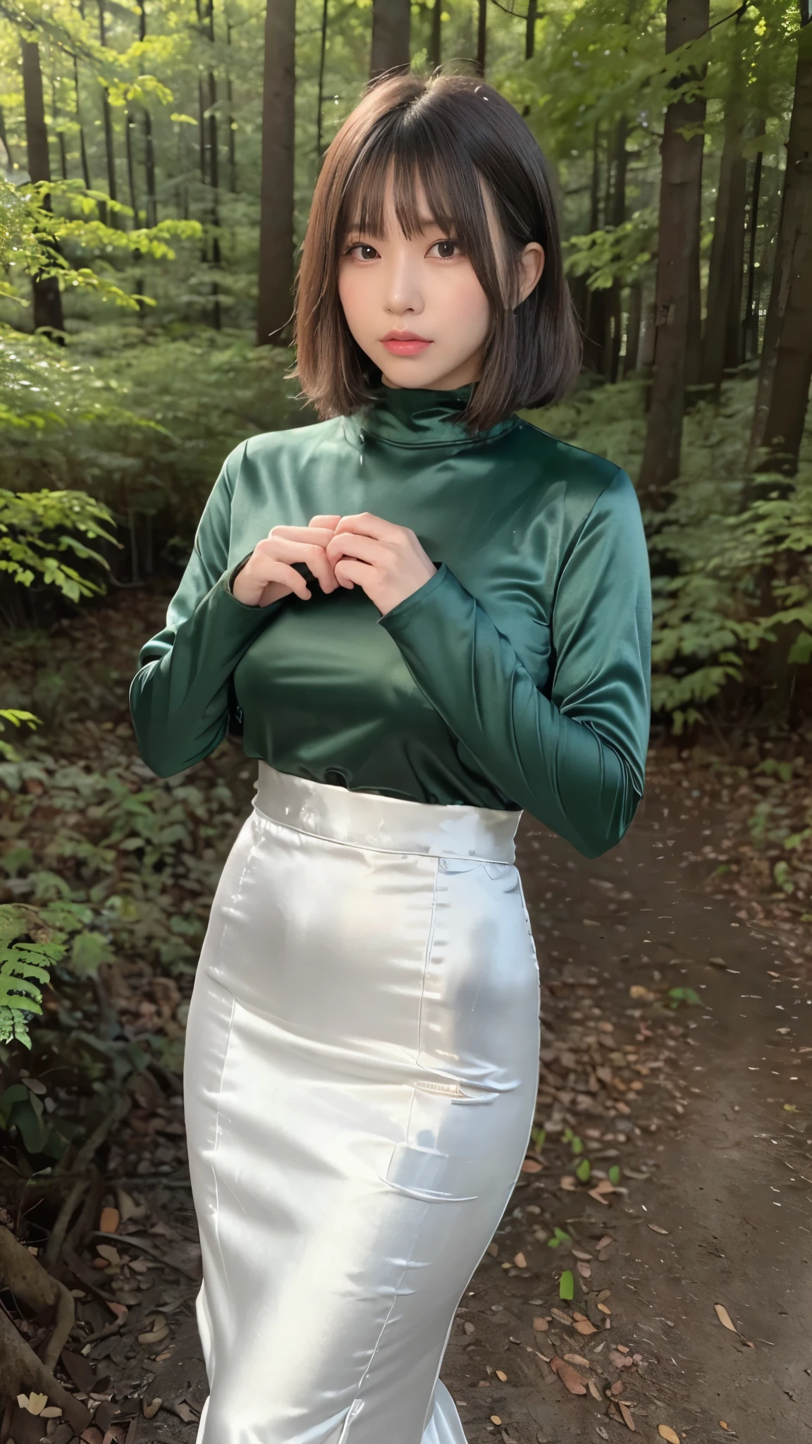 (masterpiece,  best quality,    ultra high resolution ),  extremely detailed CG  ,  short bob hair with bangs 、  beautiful face、((( very pretty Japanese woman hiding her chest with her hands ))),((Shiny light green satin long high waist mermaid pencil skirt)),The shirt is tucked into the skirt、(((  long skirt)))、((( Long-sleeved high-neck t-shirt that fits the body perfectly, made of silver satin fabric with a strong luster)))、((((Standing in a dark forest at night))))