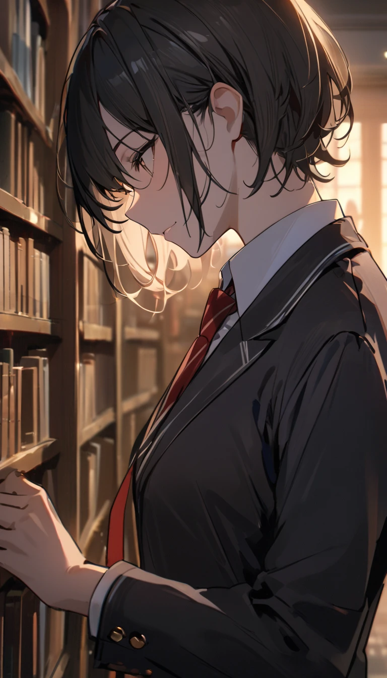 （masterpiece,  best quality:1.2)、(((male、student)))、 shorthair 、Calm Eyes、Black school uniform, black blazer、 red tie、evening、Library、 side view